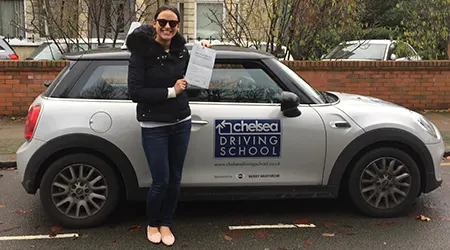 Learner driver in Chelsea Driving School car during lesson in West London