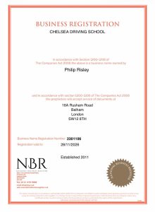 NBR certificate Chelsea Driving School
